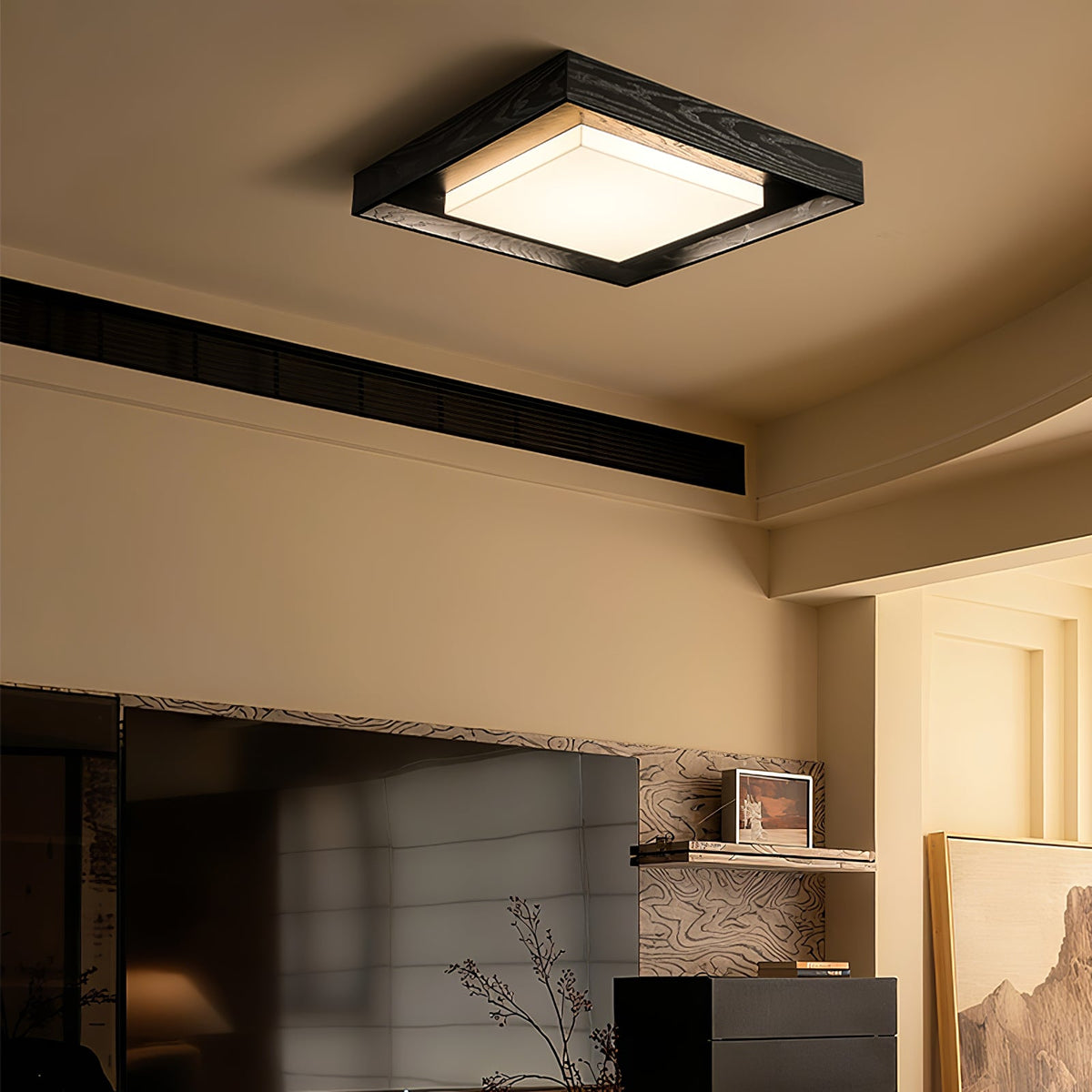 Kurin Wood Frame Ceiling Light – Modern Flush Mount LED for Bedroom, Dining, Living Room