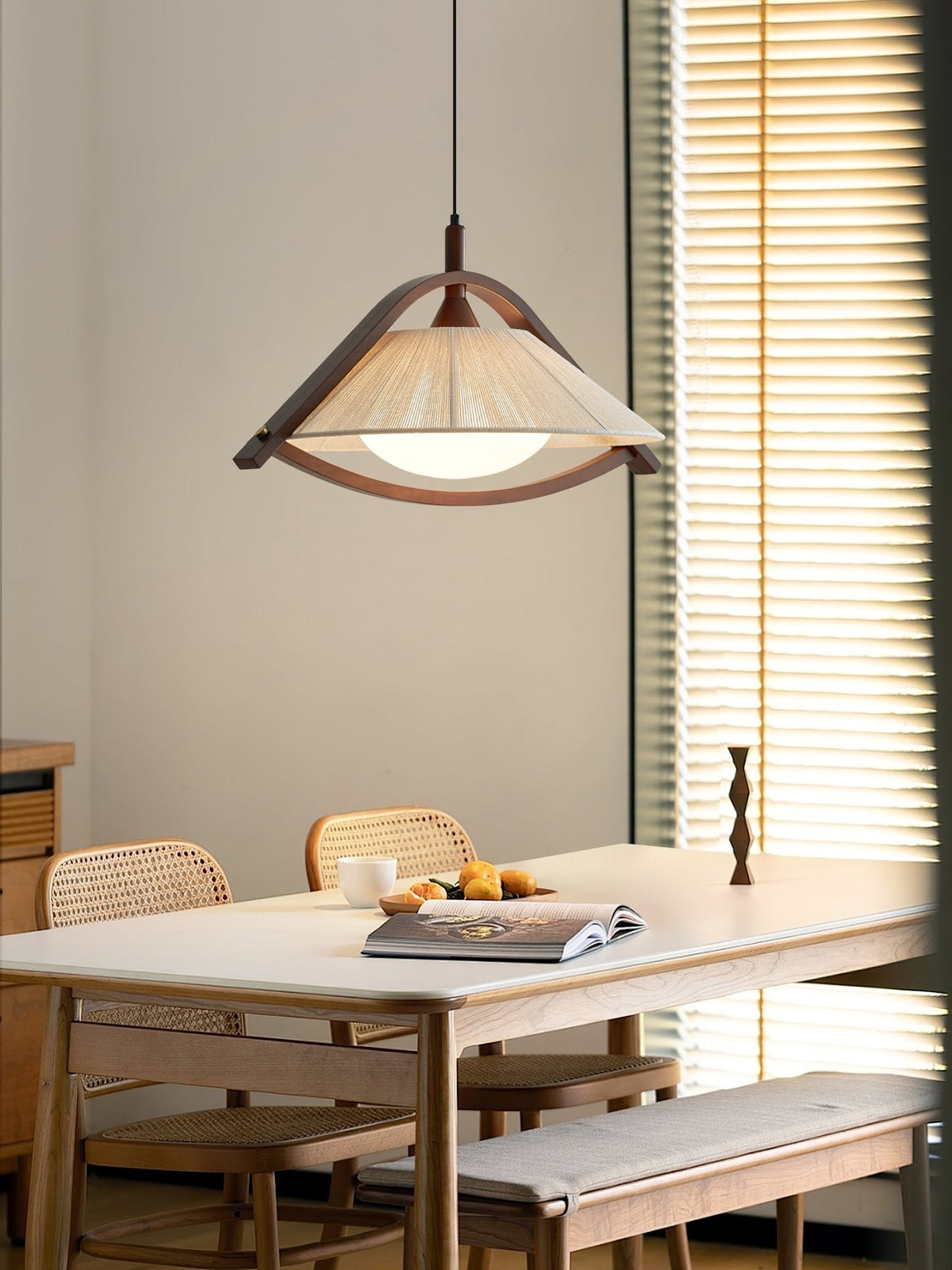 Kyomi Arch Pendant Light – Modern Wood & Fabric Hanging Lamp for Dining and Living Rooms
