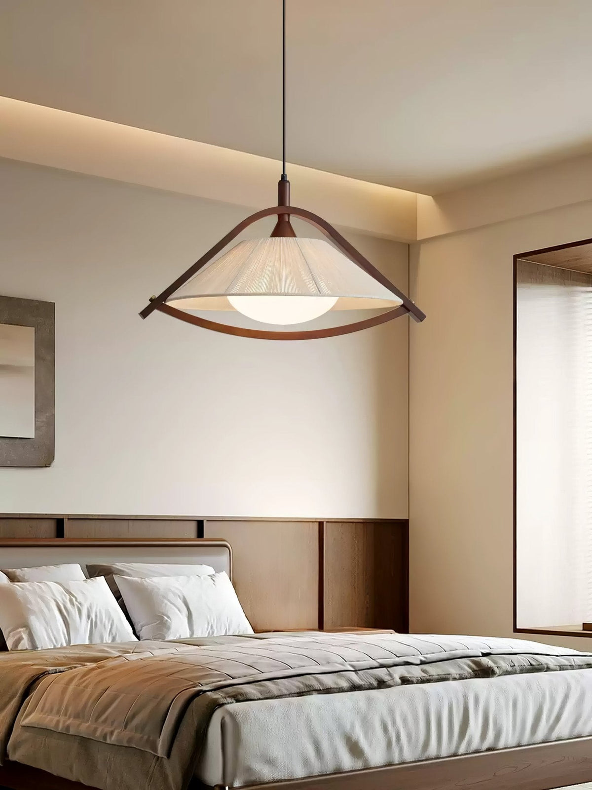Kyomi Arch Pendant Light – Modern Wood & Fabric Hanging Lamp for Dining and Living Rooms