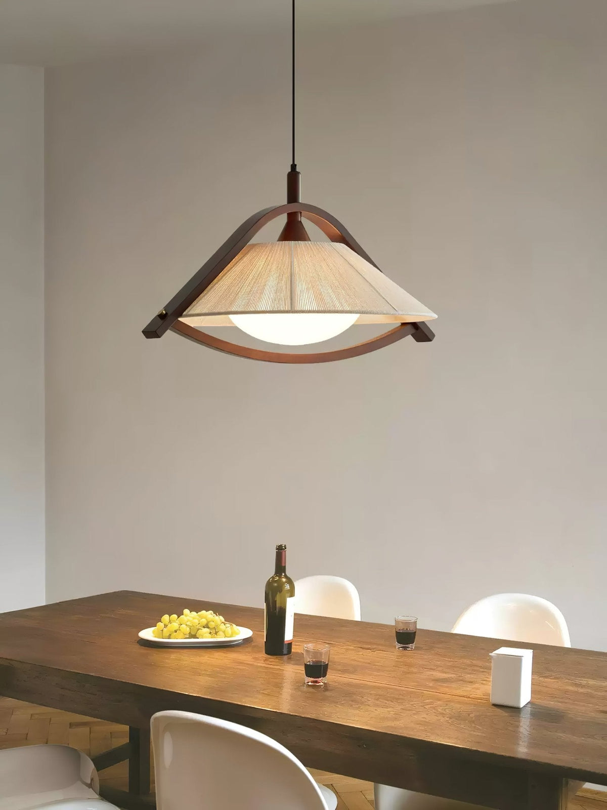 Kyomi Arch Pendant Light – Modern Wood & Fabric Hanging Lamp for Dining and Living Rooms