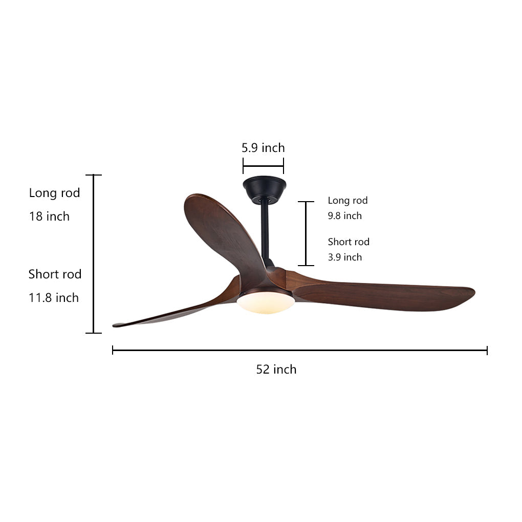 Retro Solid Wood Ceiling Fan with Dimmable LED Light and Remote Control