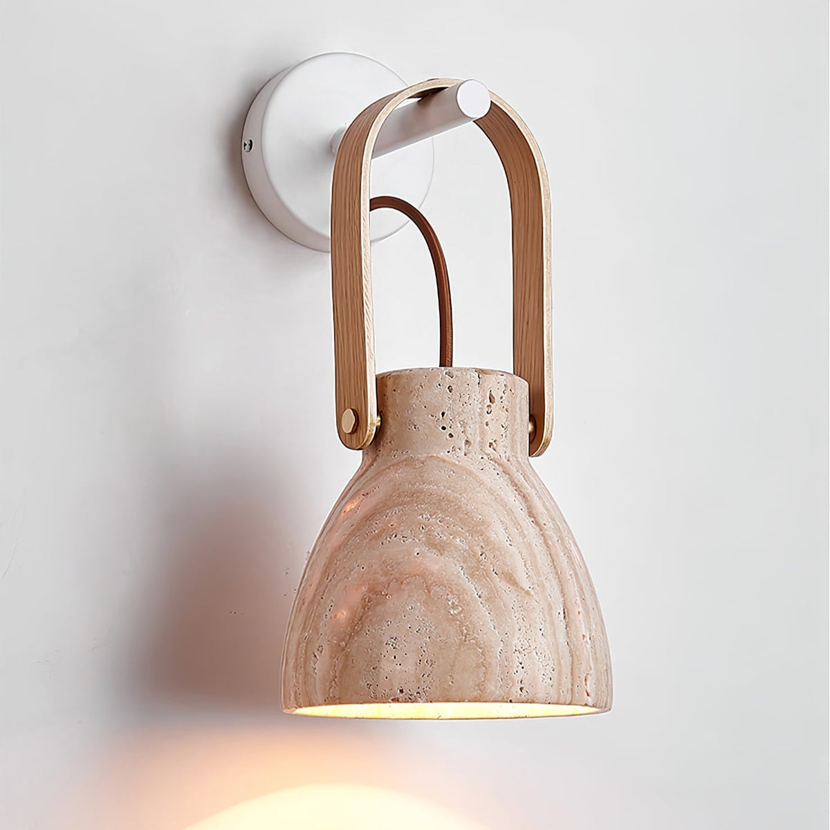 Lanta Arc Stone Wall Sconce in Travertine and Wood