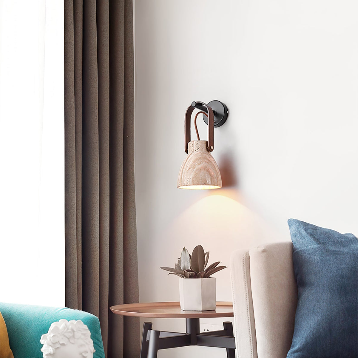 Lanta Arc Stone Wall Sconce in Travertine and Wood
