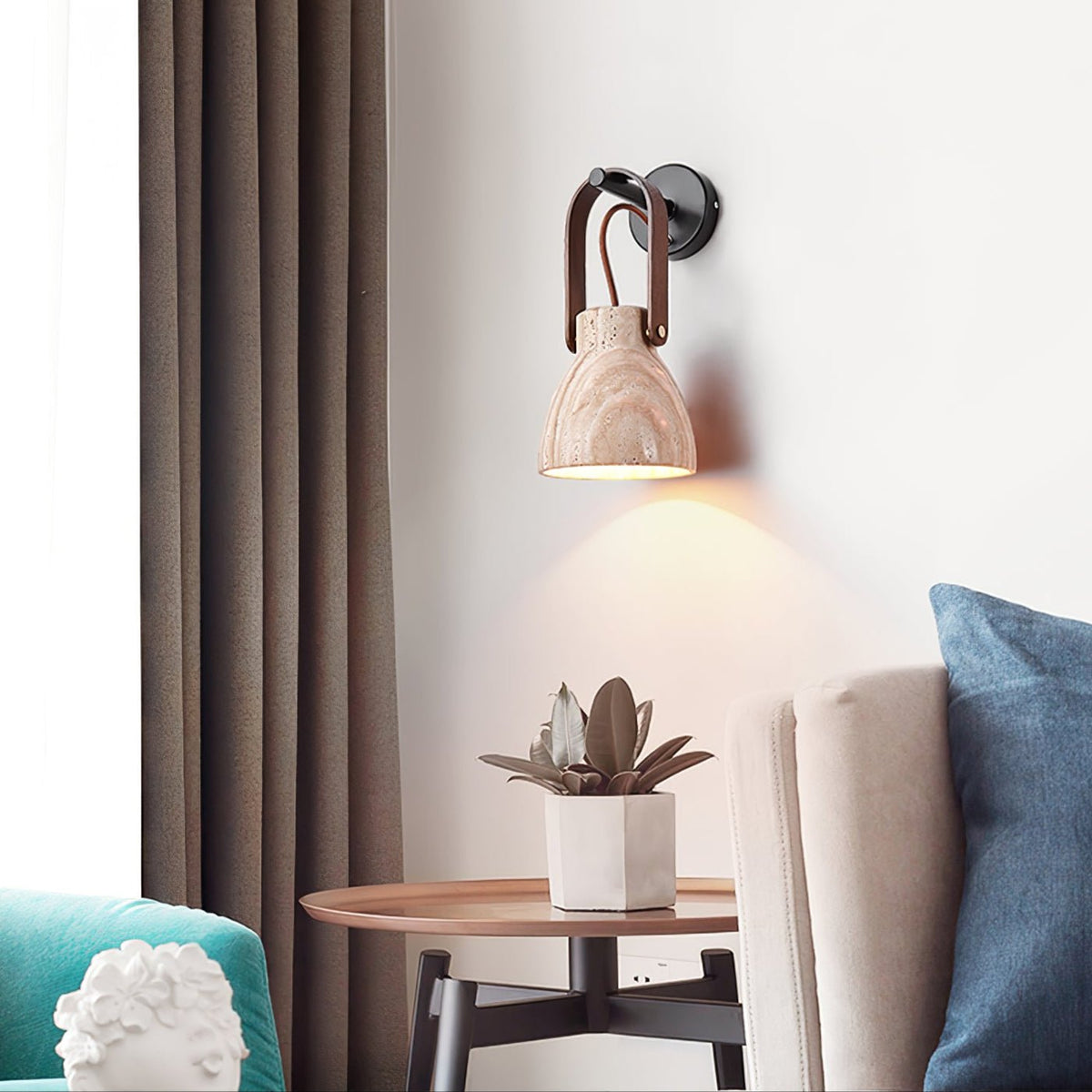 Lanta Arc Stone Wall Sconce in Travertine and Wood