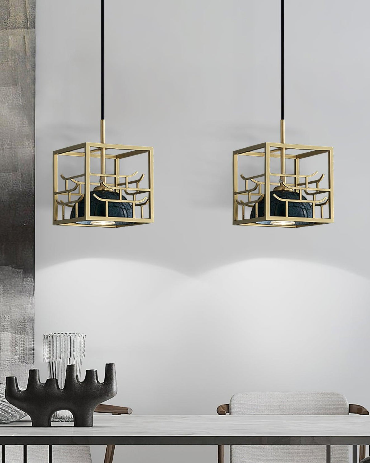 Lantern Square Brass and Marble Pendant Light for Modern Interiors