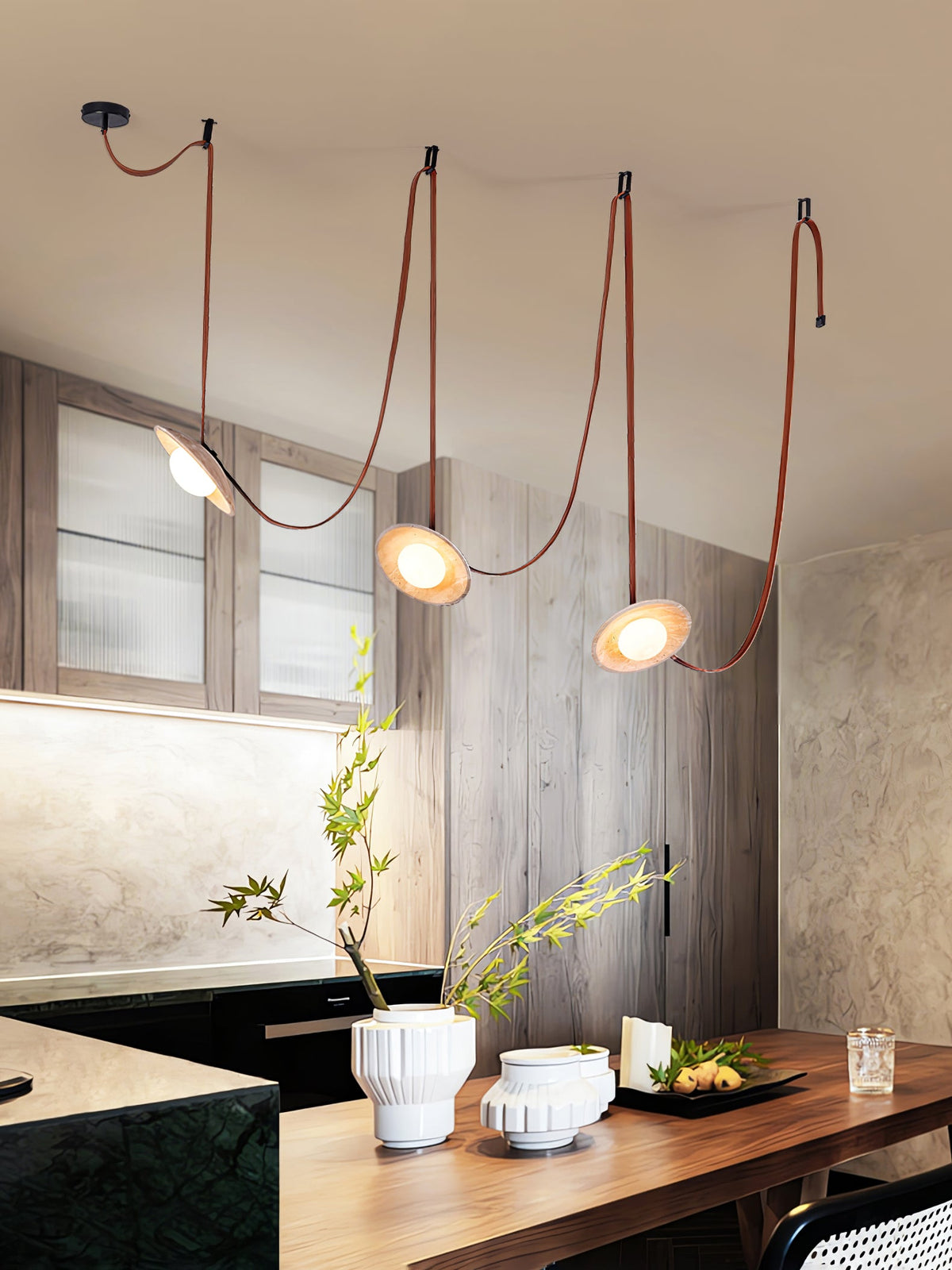 Lasso Stone Pendant Light — Sculptural Travertine & Leather Hanging Lamp