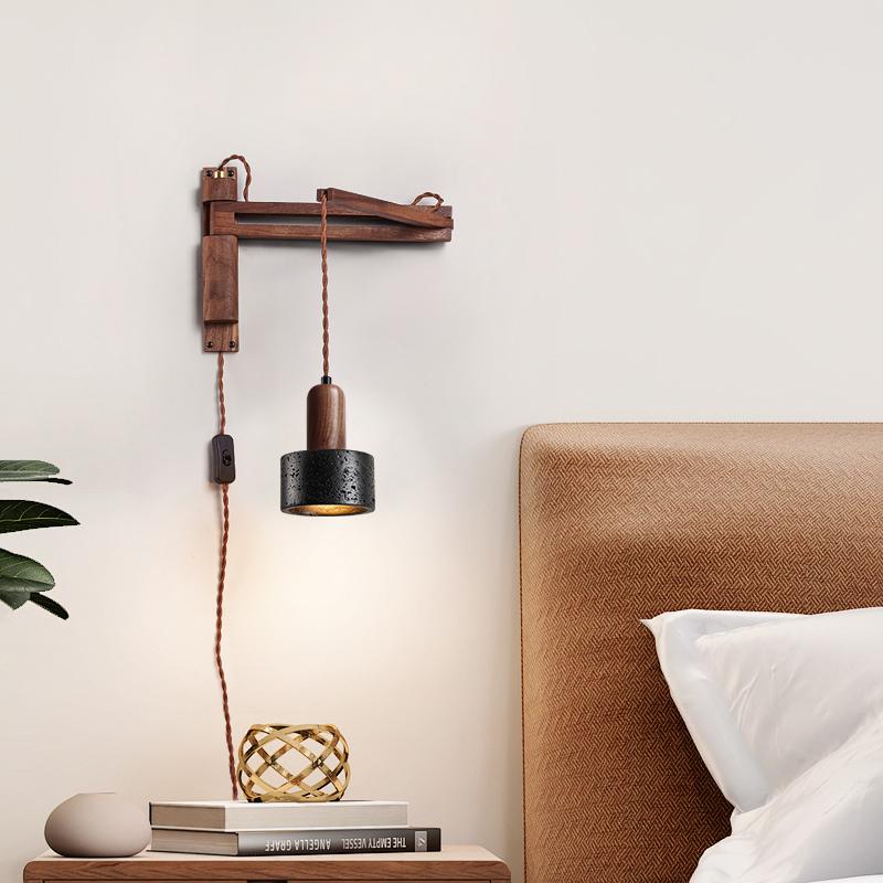 Walnut Swing Arm Wall Sconce with Black Travertine Shade