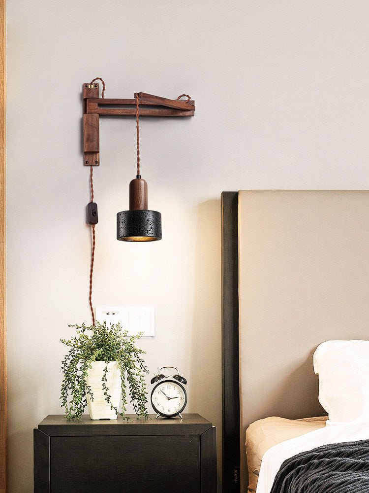Walnut Swing Arm Wall Sconce with Black Travertine Shade
