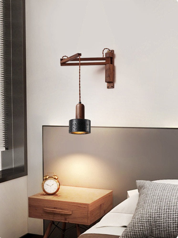 Swing Arm Wall Sconce in Black Travertine and Walnut