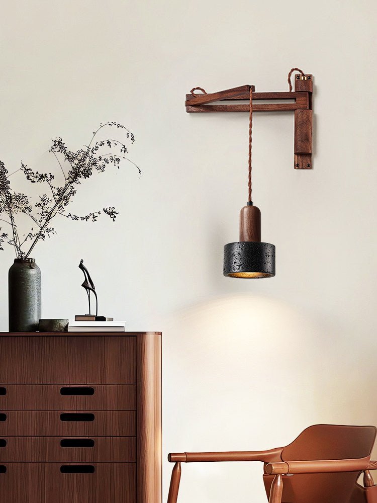 Swing Arm Wall Sconce in Black Travertine and Walnut