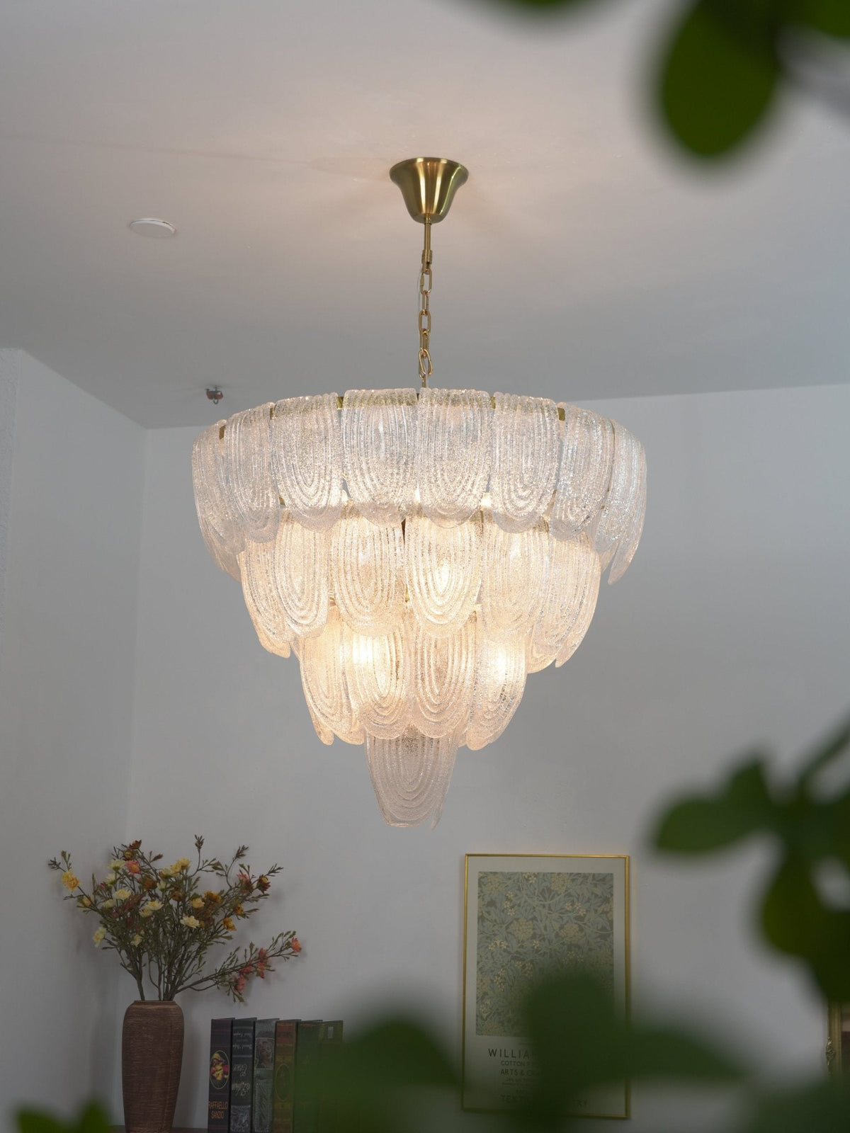 Layered Glass Petal Chandelier – Modern Brass & Glass Pendant Light for Dining Room and Living Room