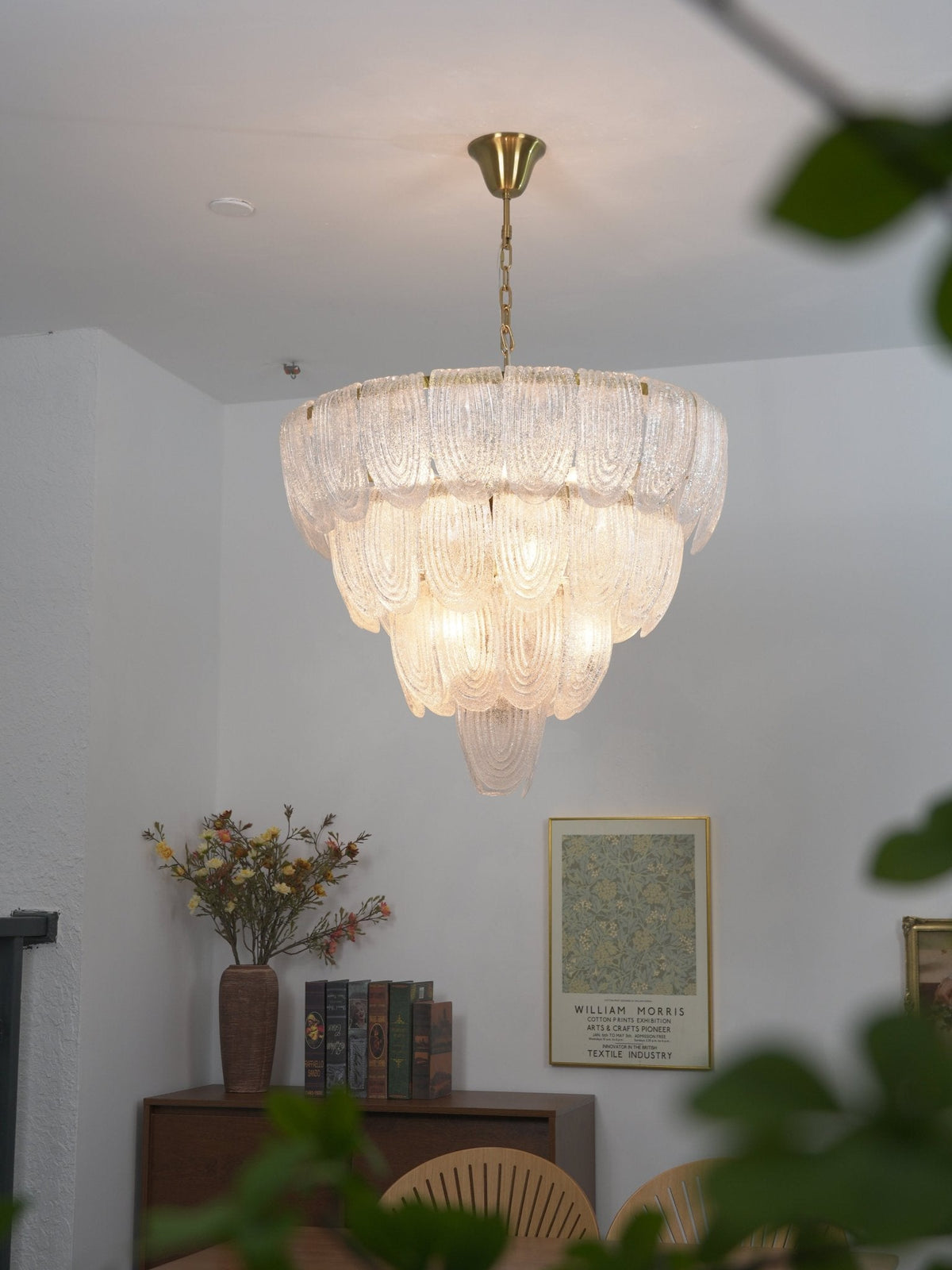 Layered Glass Petal Chandelier – Modern Brass & Glass Pendant Light for Dining Room and Living Room