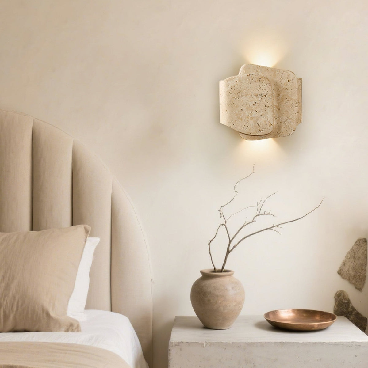 Layered Travertine Wall Sconce with Warm Ambient Glow