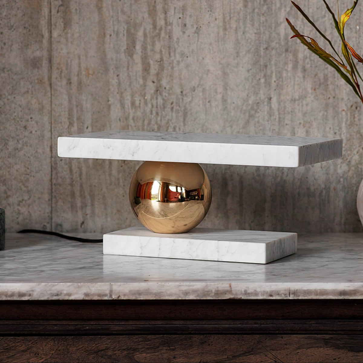 Levoro Stone Table Lamp with Green Marble and Gold Sphere
