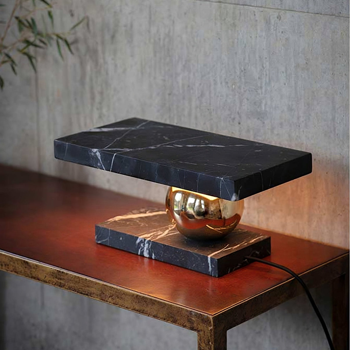 Levoro Stone Table Lamp with Green Marble and Gold Sphere