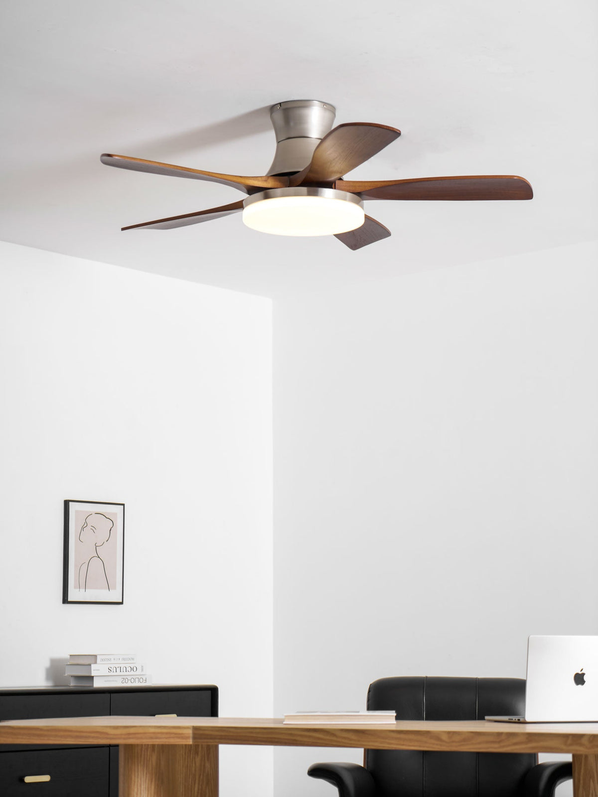 Liam Ceiling Fan Light with LED – Modern Walnut & Brass Fan