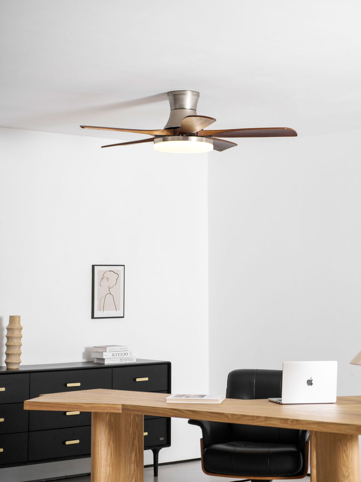 Liam Ceiling Fan Light with LED – Modern Walnut & Brass Fan