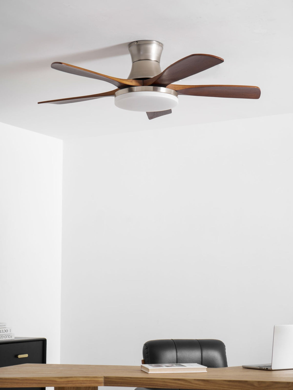 Liam Ceiling Fan Light with LED – Modern Walnut & Brass Fan