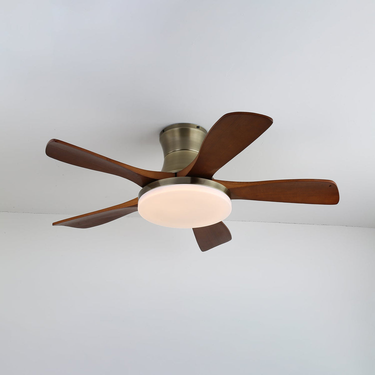 Liam Ceiling Fan Light with LED – Modern Walnut & Brass Fan