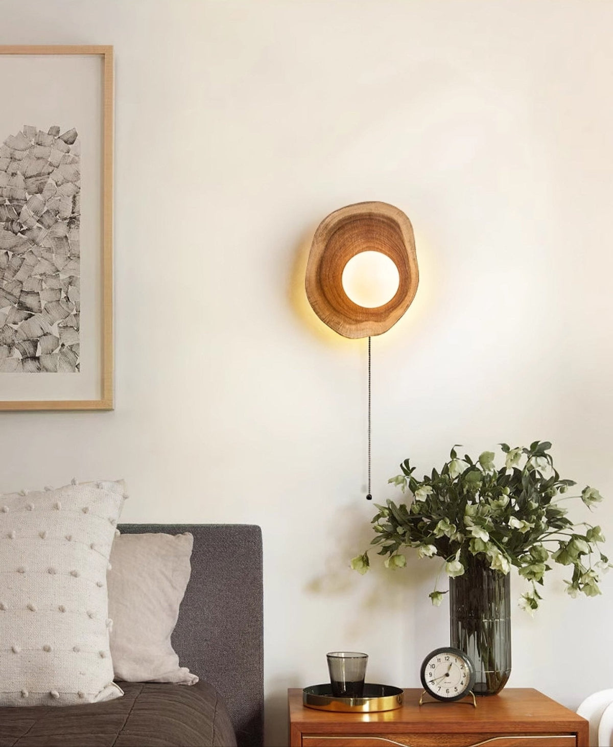 Ligna Wall Sconce in Natural Wood with White Glass Globe