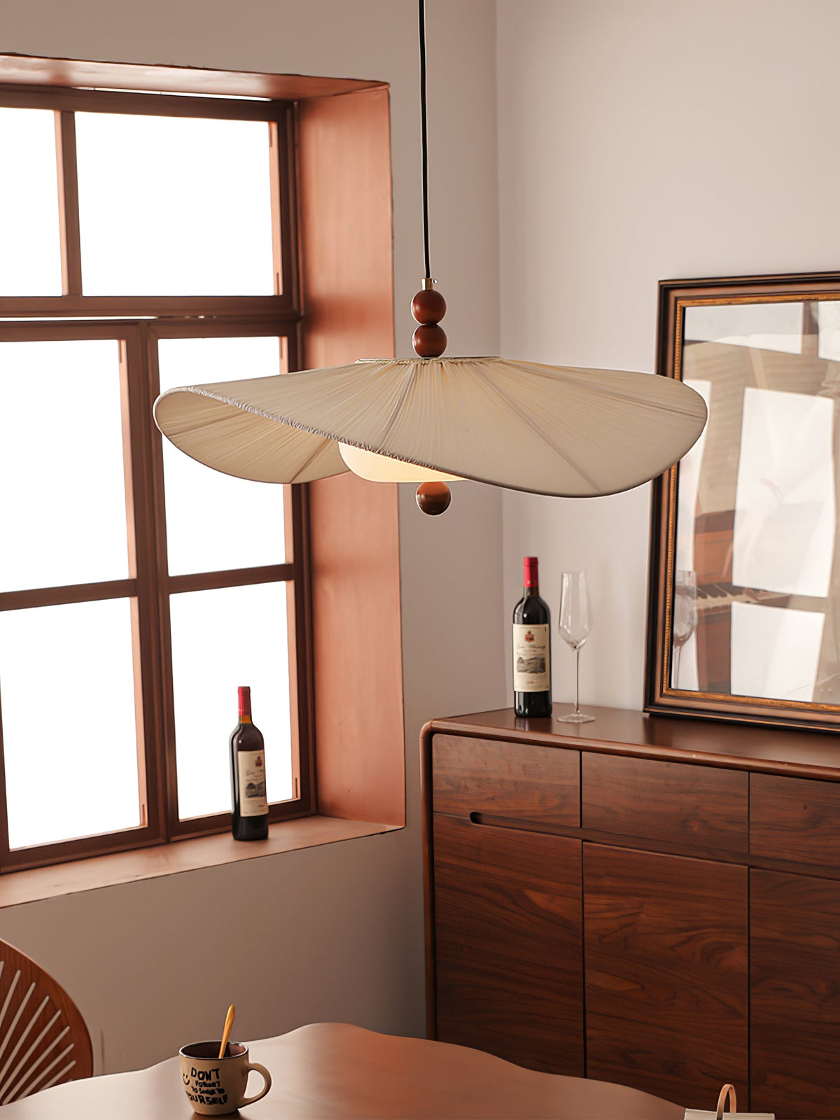 Lilium Drift Pendant Light – Sculptural Fabric Shade with Walnut Accents