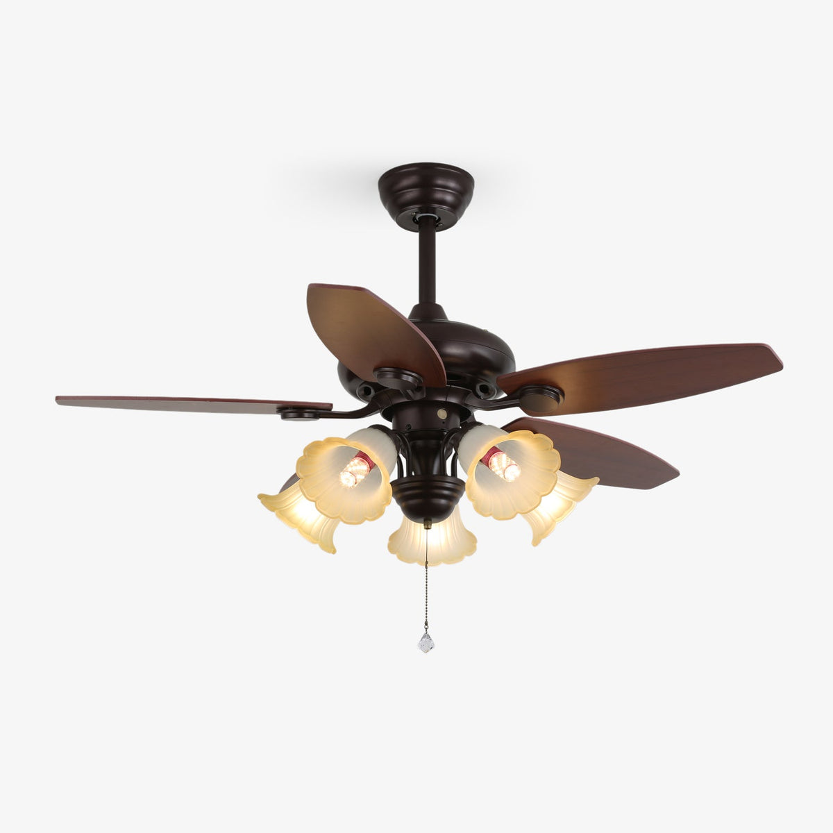 Lily Bloom Ceiling Fan Light with Wood Blades and Amber Glass