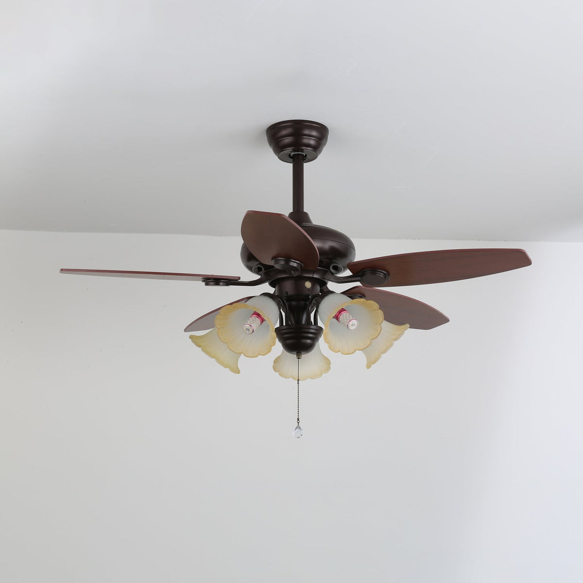 Lily Bloom Ceiling Fan Light with Wood Blades and Amber Glass