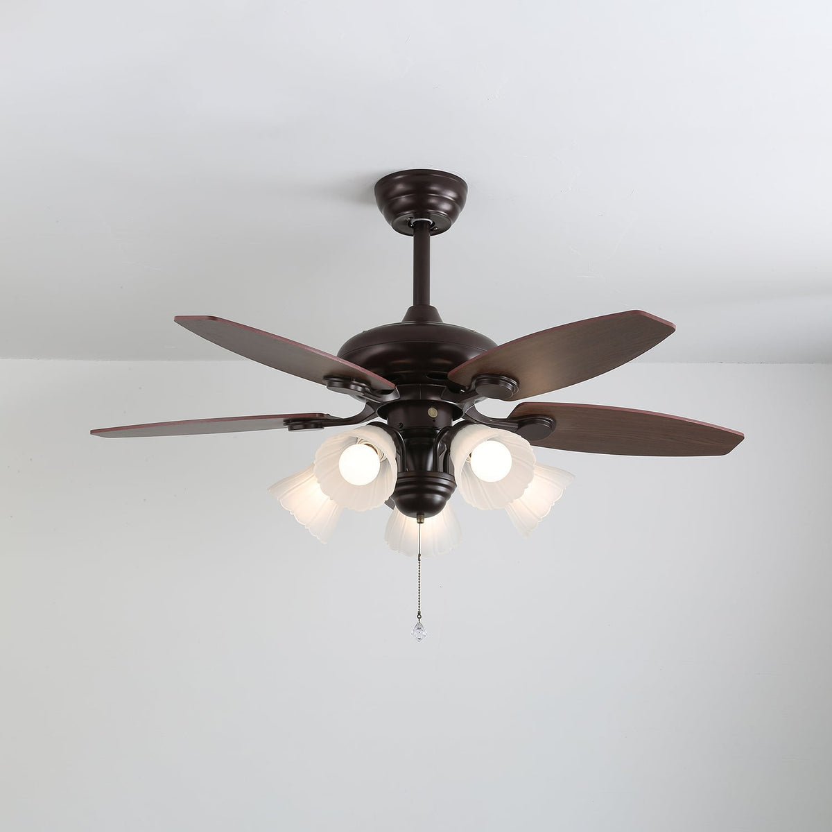 Lily Bloom Ceiling Fan Light with Wood Blades and Amber Glass