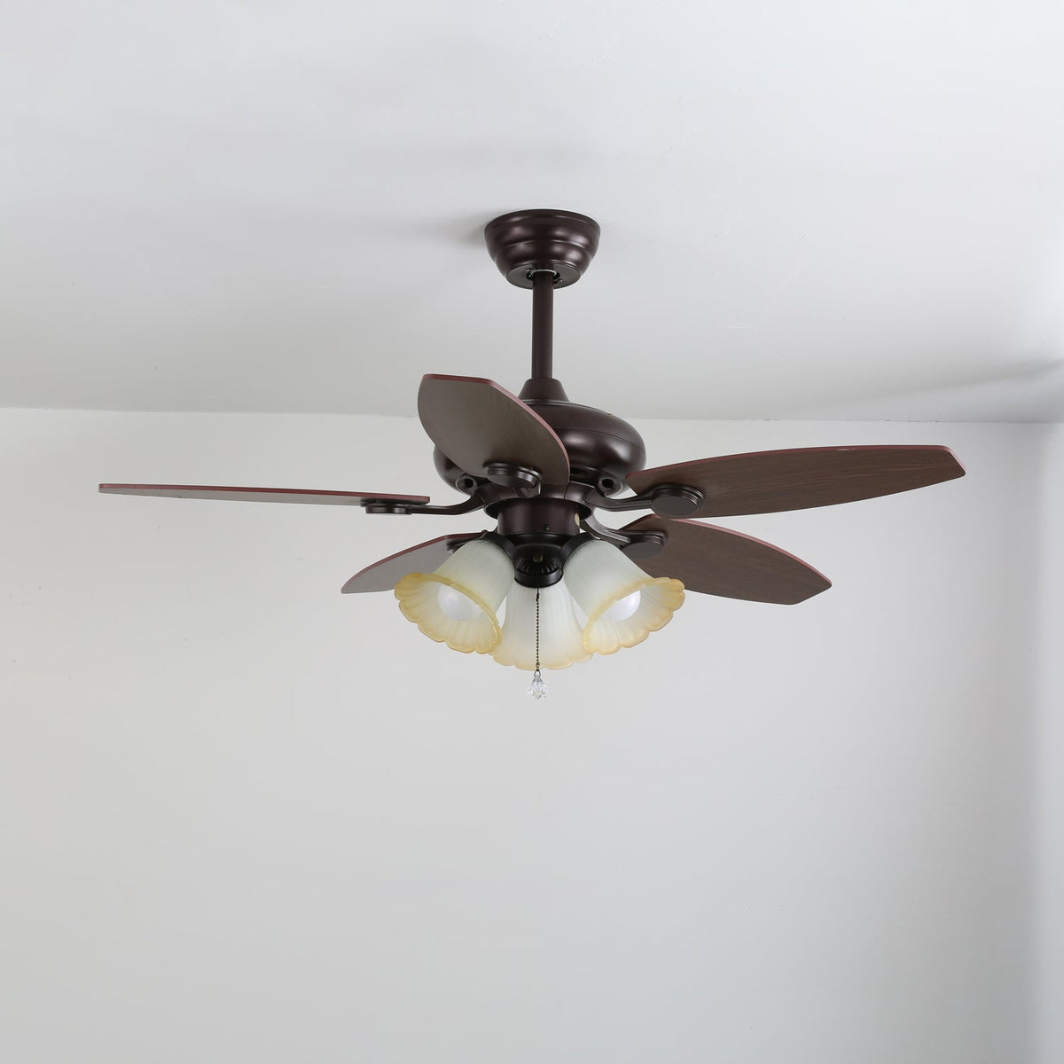 Lily Bloom Ceiling Fan Light with Wood Blades and Amber Glass