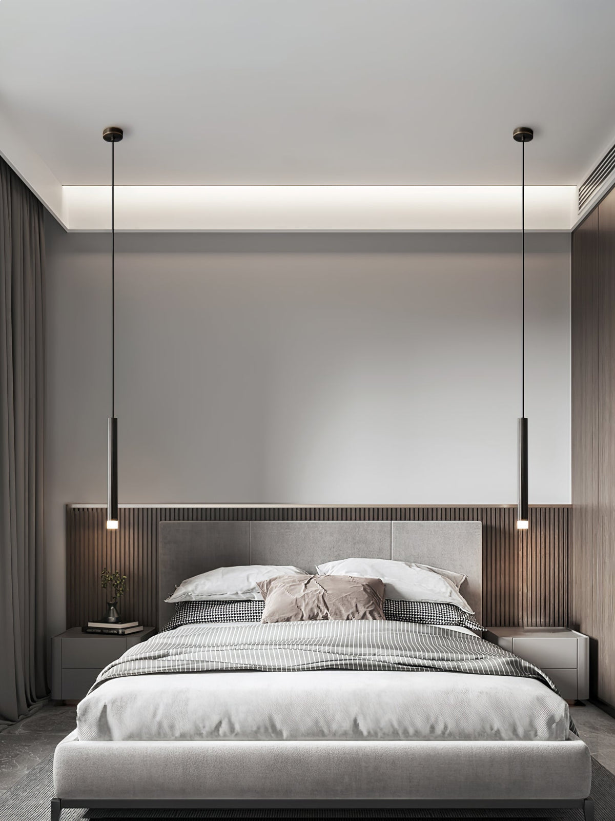 Linea Mono Linear Pendant Light in Matte Black with Brass Accents