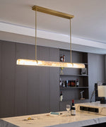 Linear Alabaster Chandelier in Brass or Black, Modern LED Pendant Light for Dining Room and Living Room