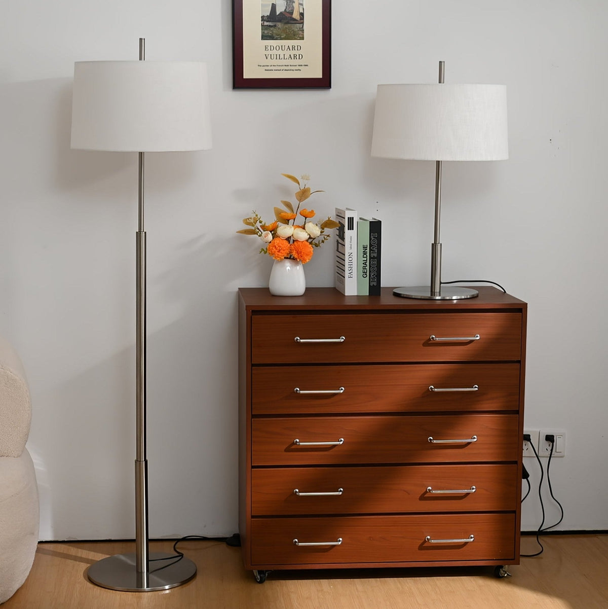 Rilume Modern Floor Lamp with Fabric Drum Shade in Nickel