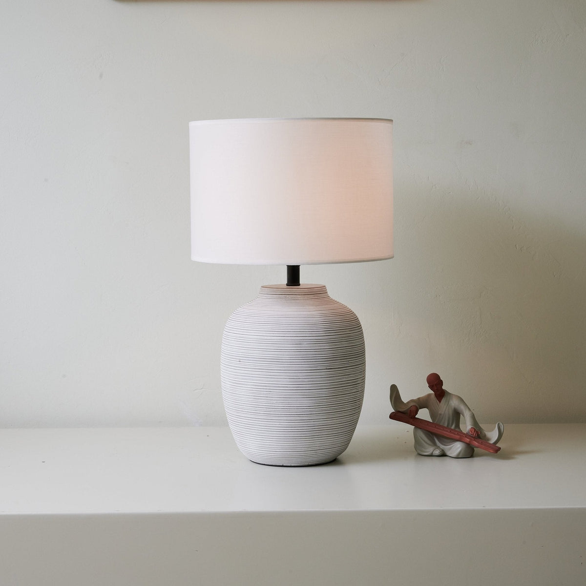 Lino Stripe Ceramic Table Lamp with Drum Shade for Bedroom & Living Room