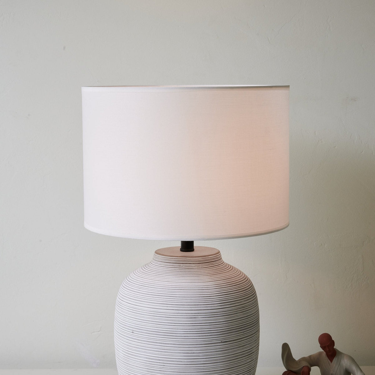 Lino Stripe Ceramic Table Lamp with Drum Shade for Bedroom & Living Room