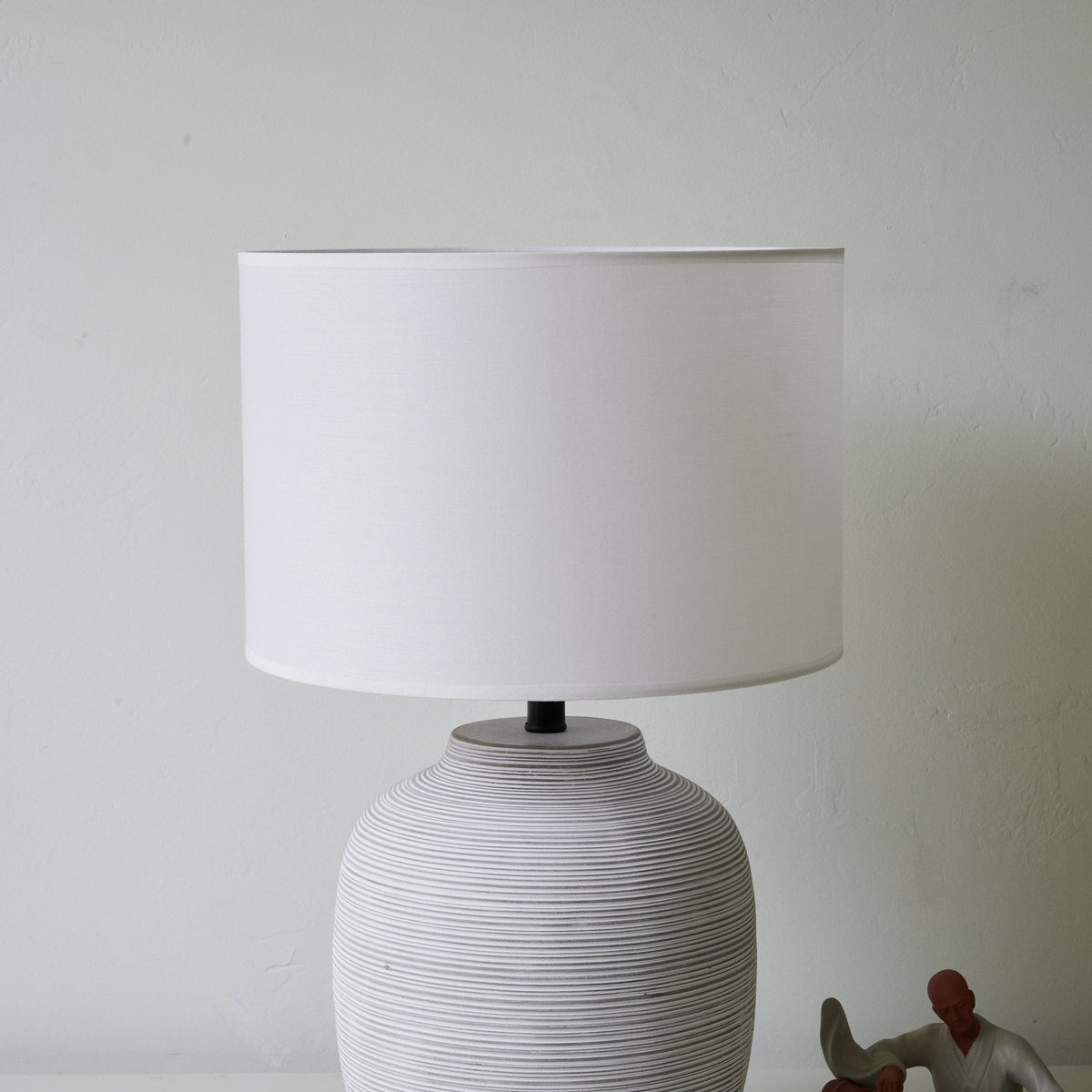 Lino Stripe Ceramic Table Lamp with Drum Shade for Bedroom & Living Room