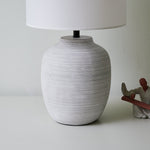 Lino Stripe Ceramic Table Lamp with Drum Shade for Bedroom & Living Room