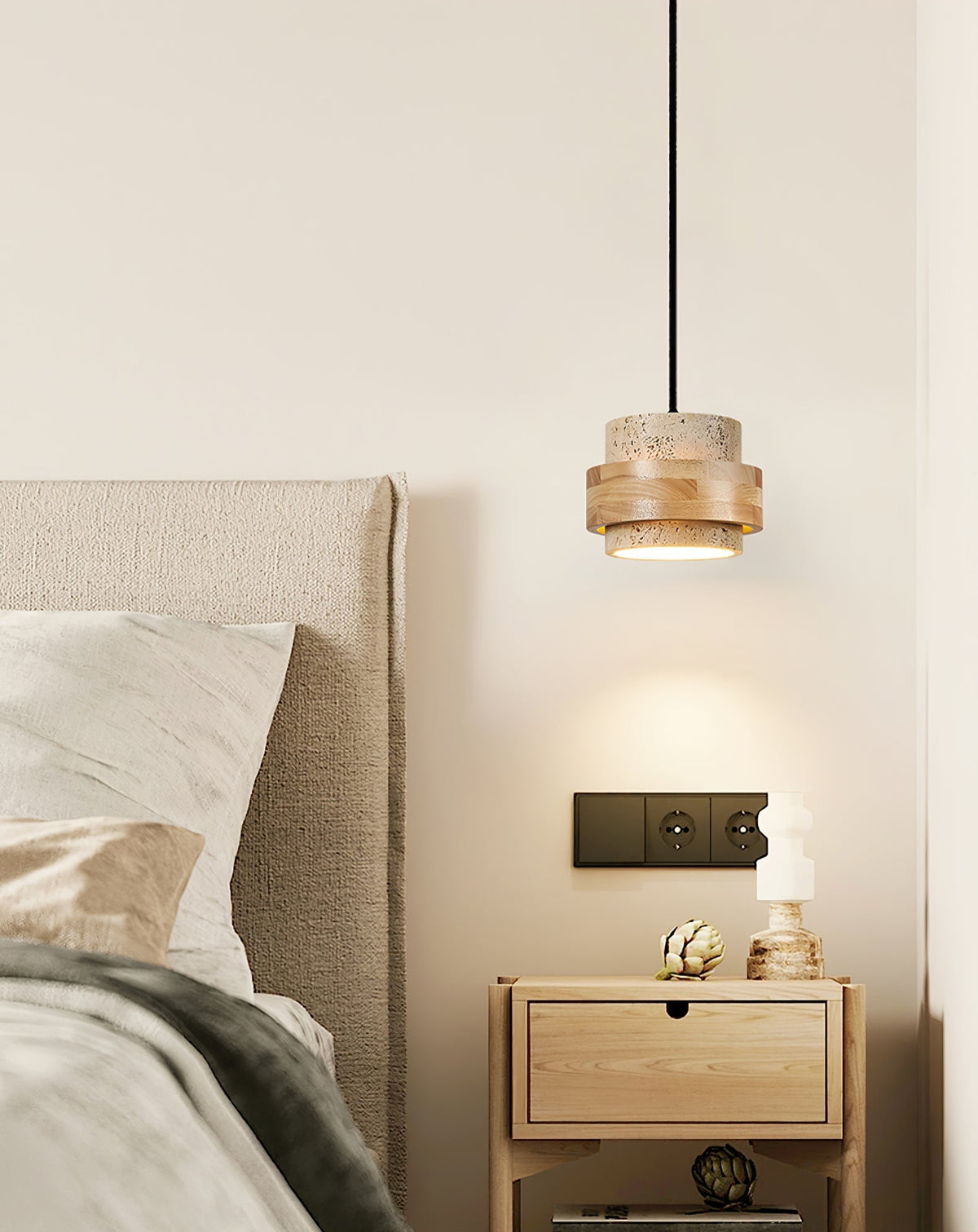 Liora Travertine Pendant Light – Natural Stone & Wood Designer Hanging Lamp