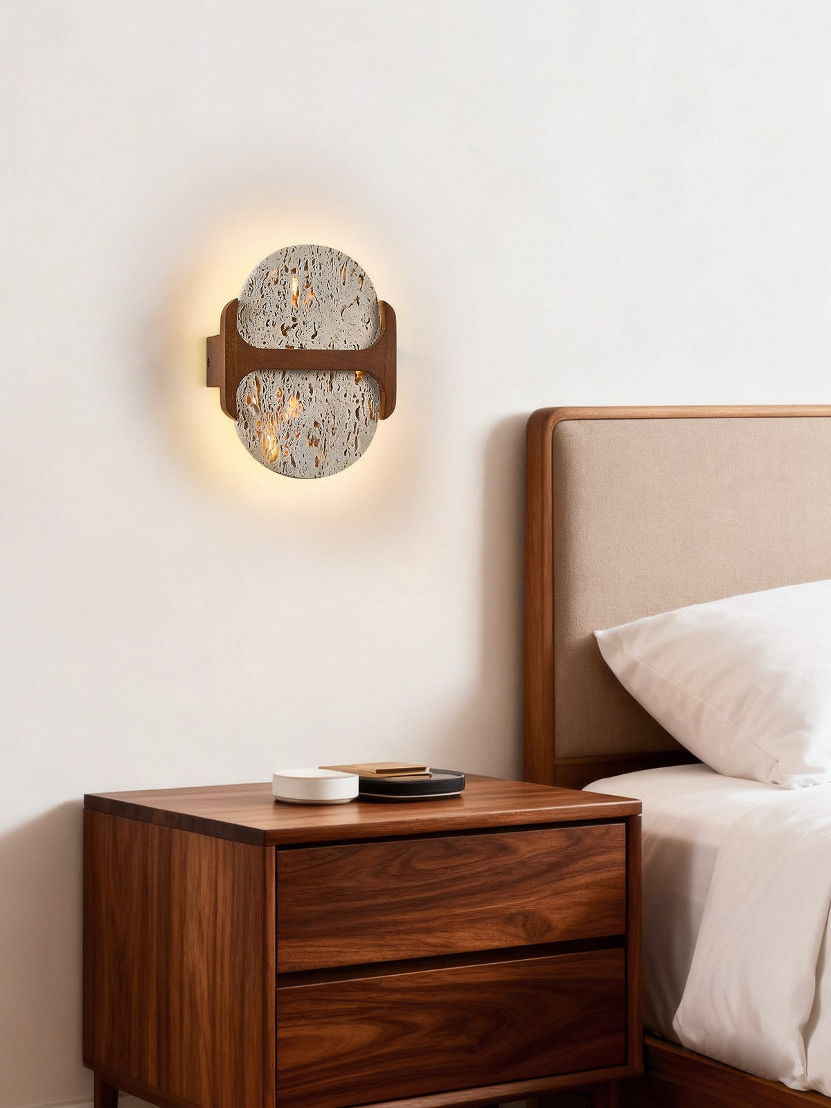 Liora Travertine Wall Sconce with Walnut Accent – Modern Organic LED Wall Light