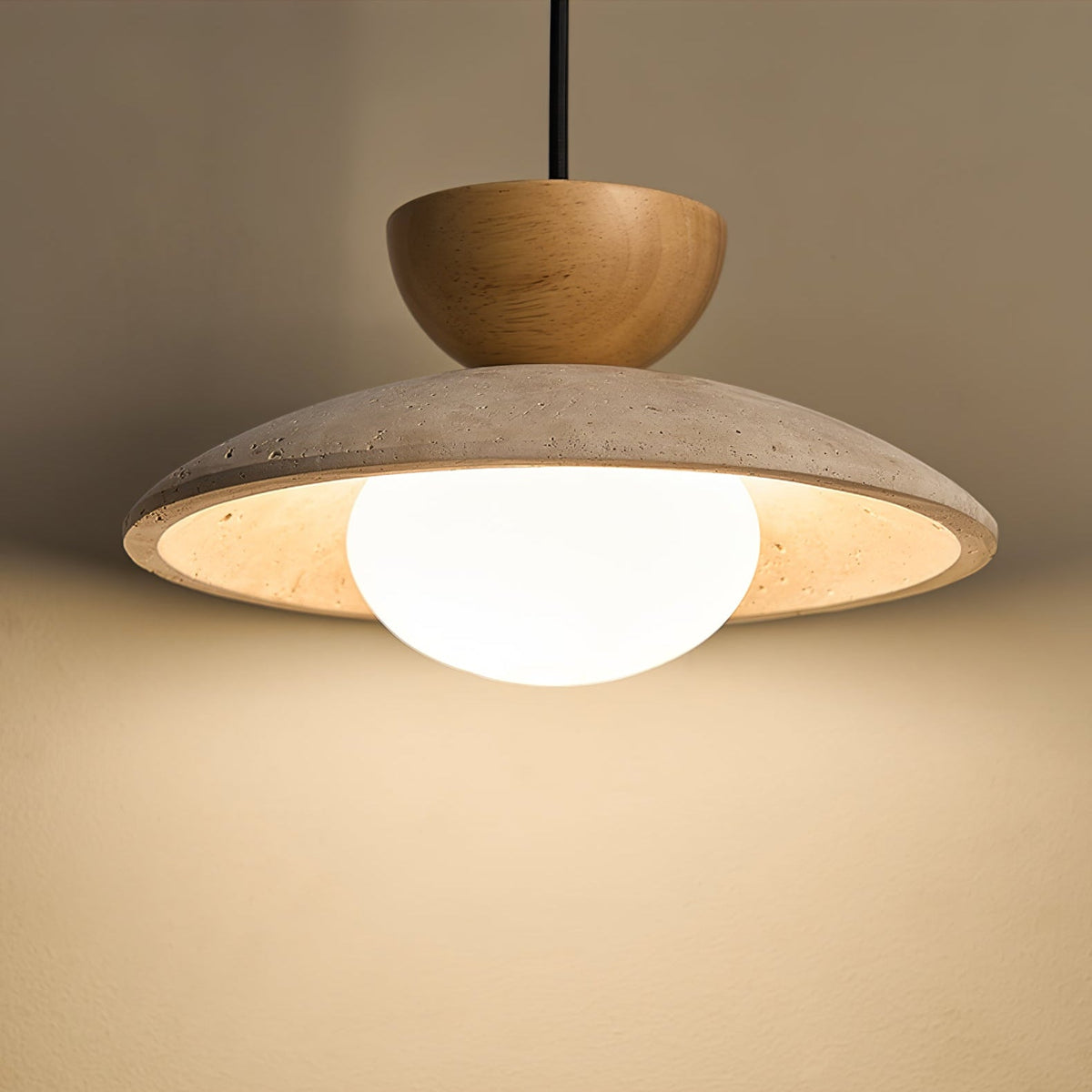 Liora Pendant Light in Travertine and Wood – Modern Designer Ceiling Lamp