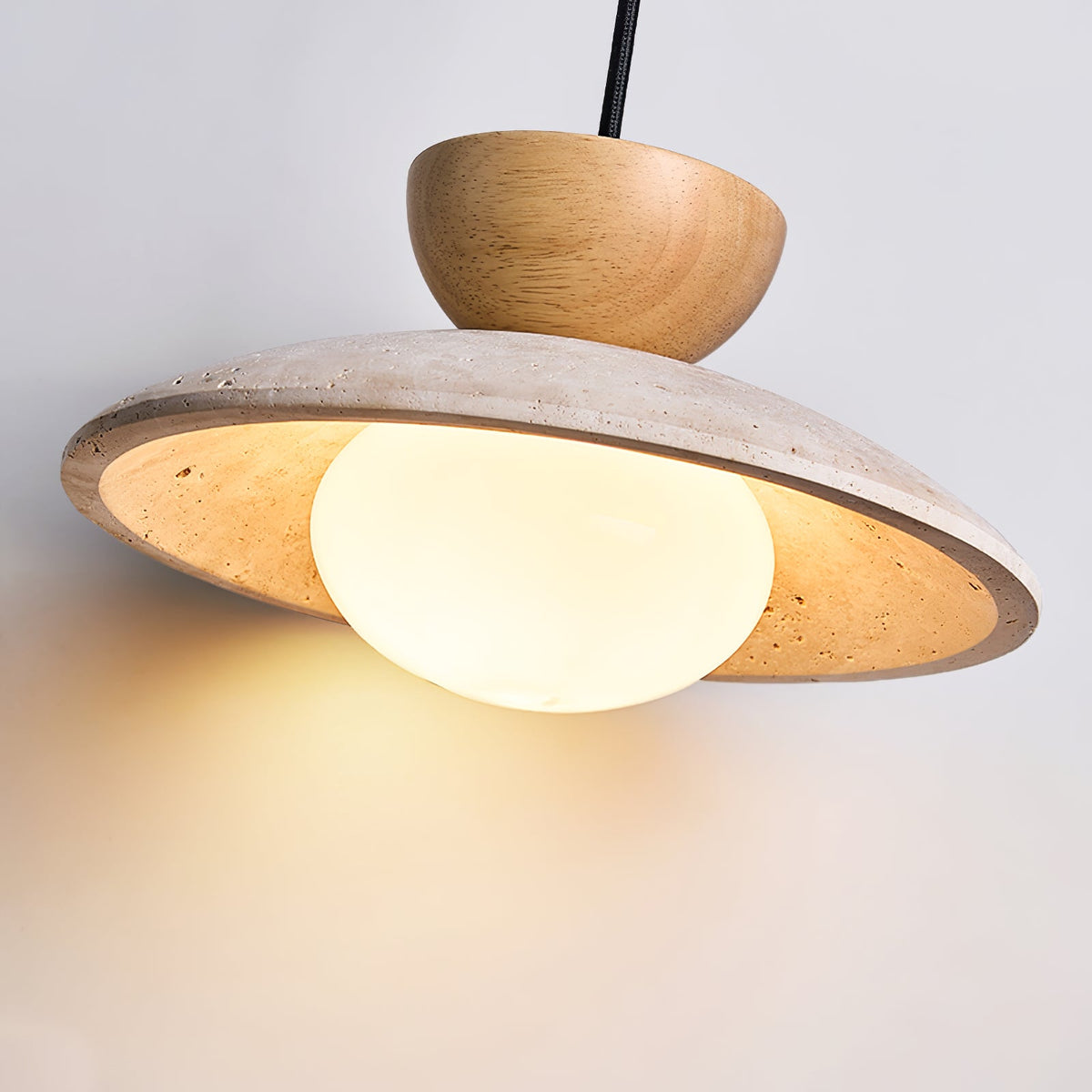 Liora Pendant Light in Travertine and Wood – Modern Designer Ceiling Lamp