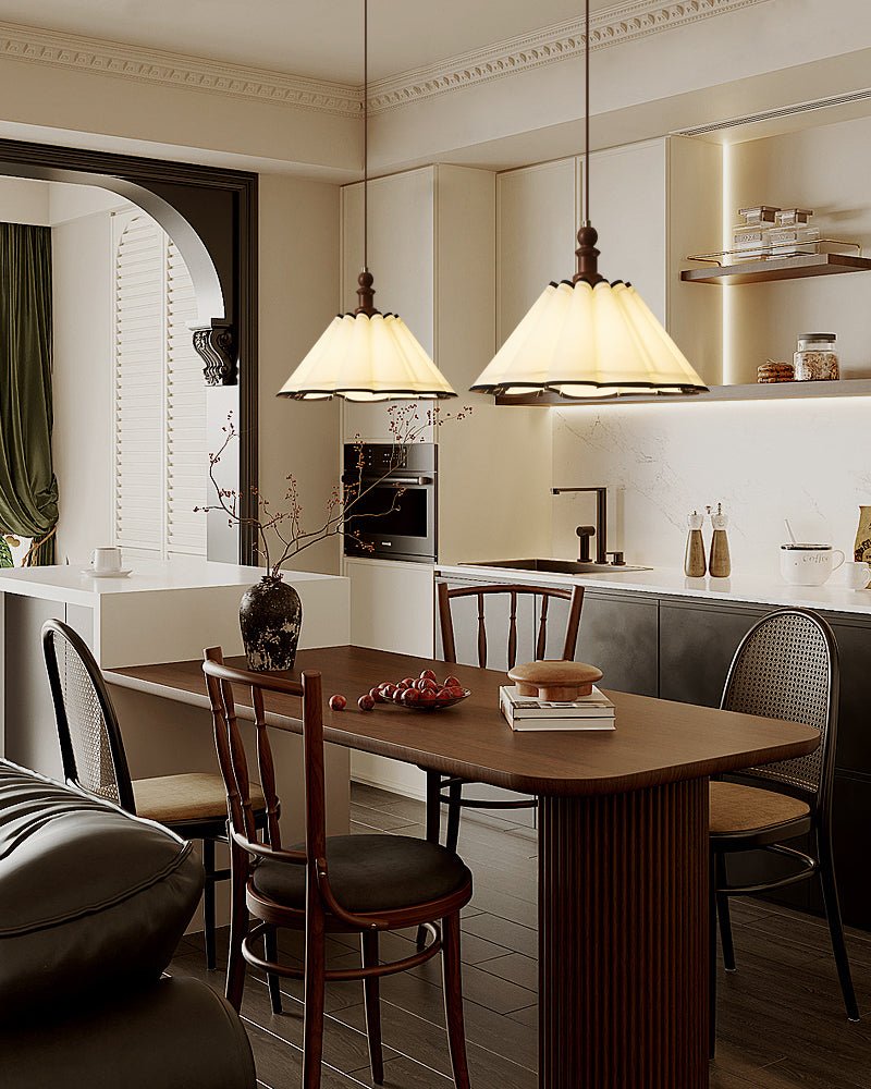 Lirenne Pleat Fabric Pendant Light with Walnut Wood Accent