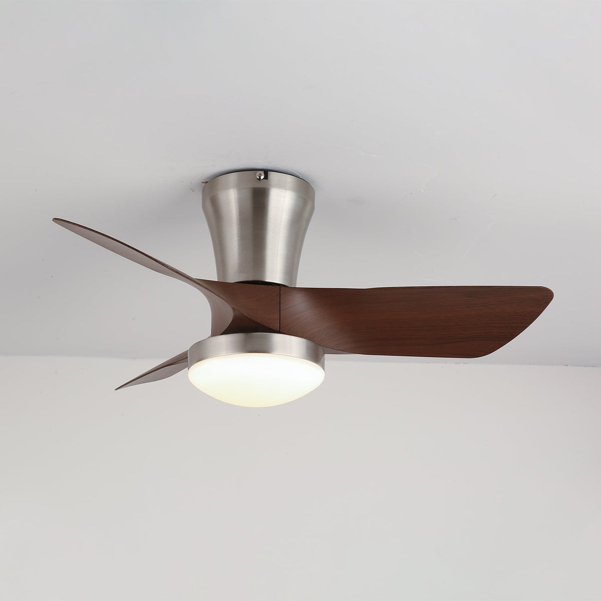 Lirien Flush Mount Ceiling Fan with LED Light in Walnut and Nickel