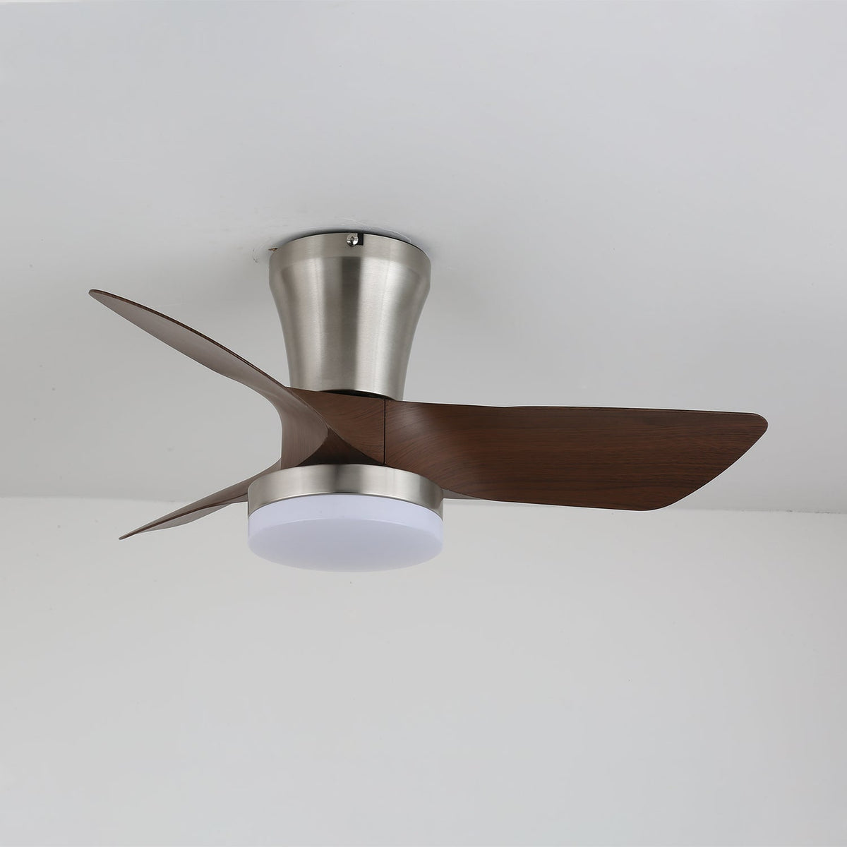 Lirien Flush Mount Ceiling Fan with LED Light in Walnut and Nickel