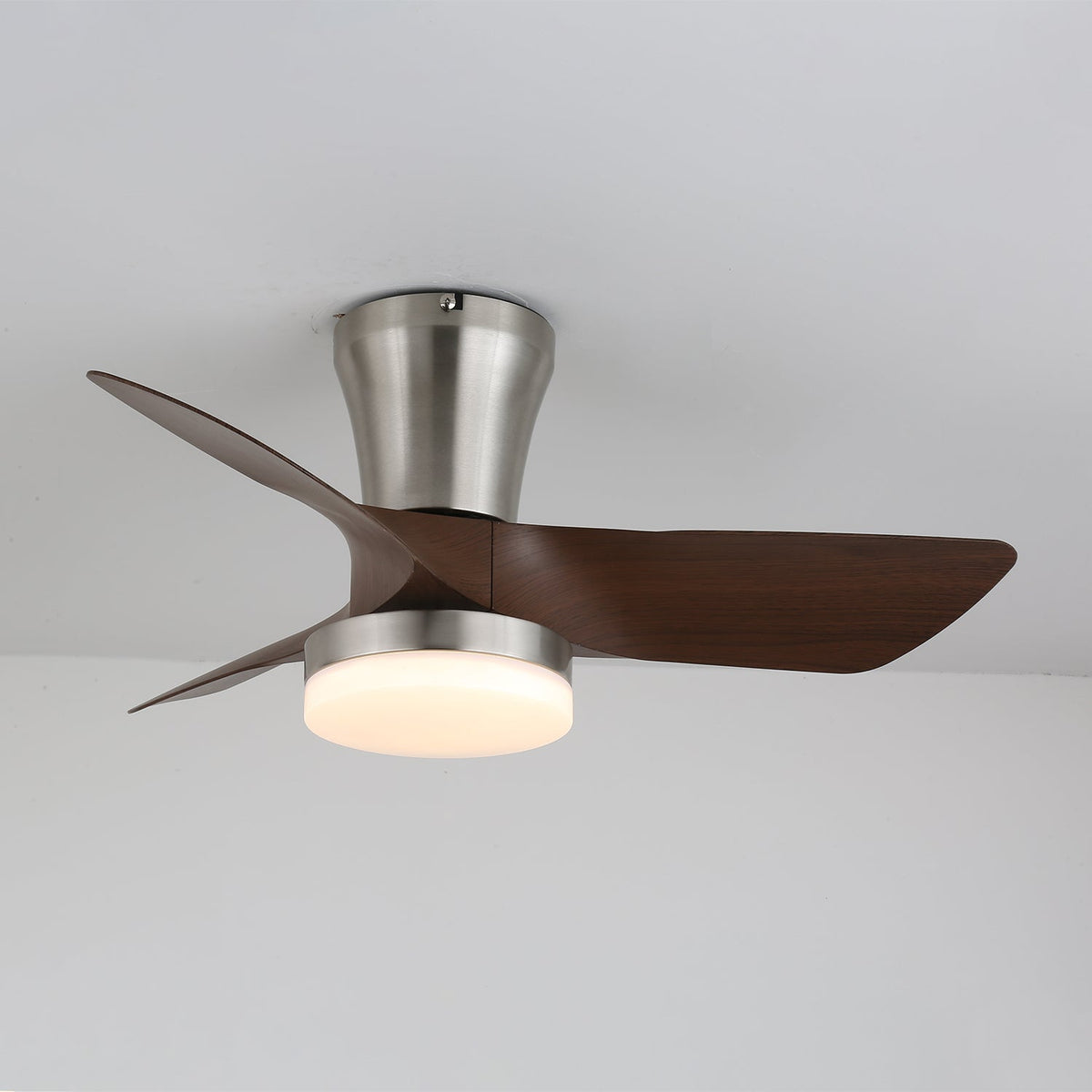 Lirien Flush Mount Ceiling Fan with LED Light in Walnut and Nickel
