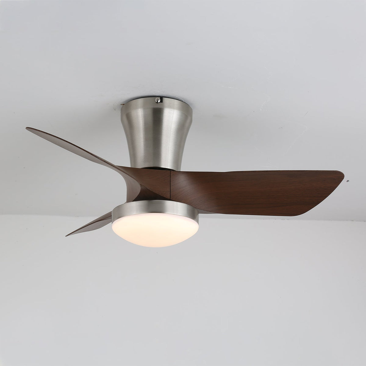 Lirien Flush Mount Ceiling Fan with LED Light in Walnut and Nickel