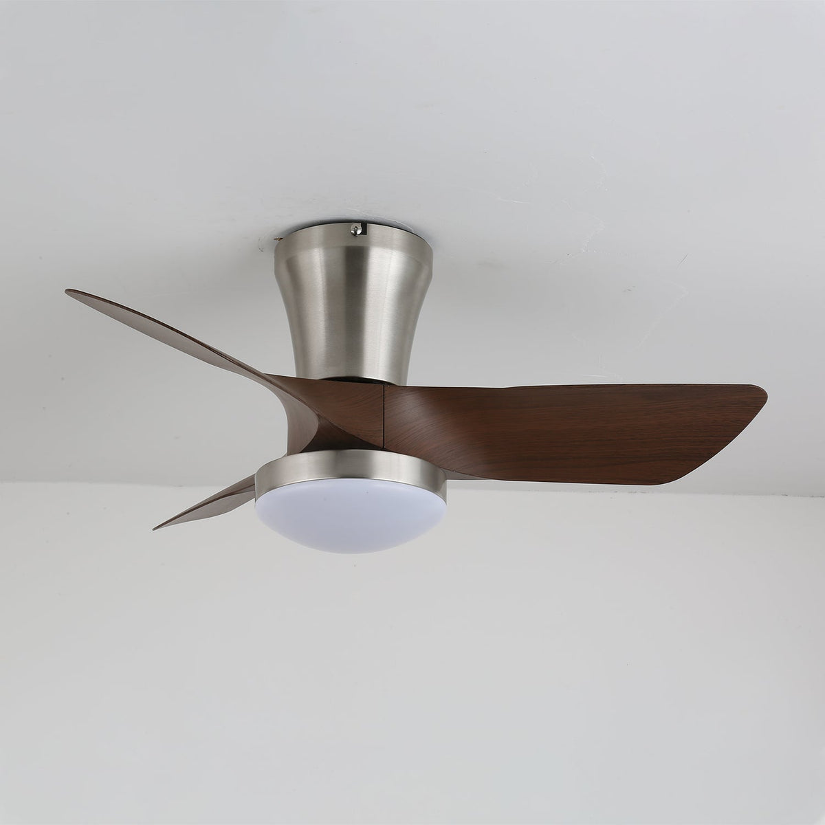 Lirien Flush Mount Ceiling Fan with LED Light in Walnut and Nickel