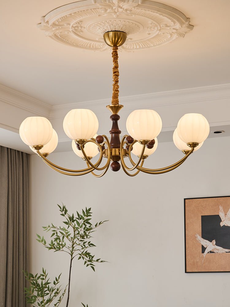 Livia Six-Light Modern Globe Chandelier in Walnut and Gold