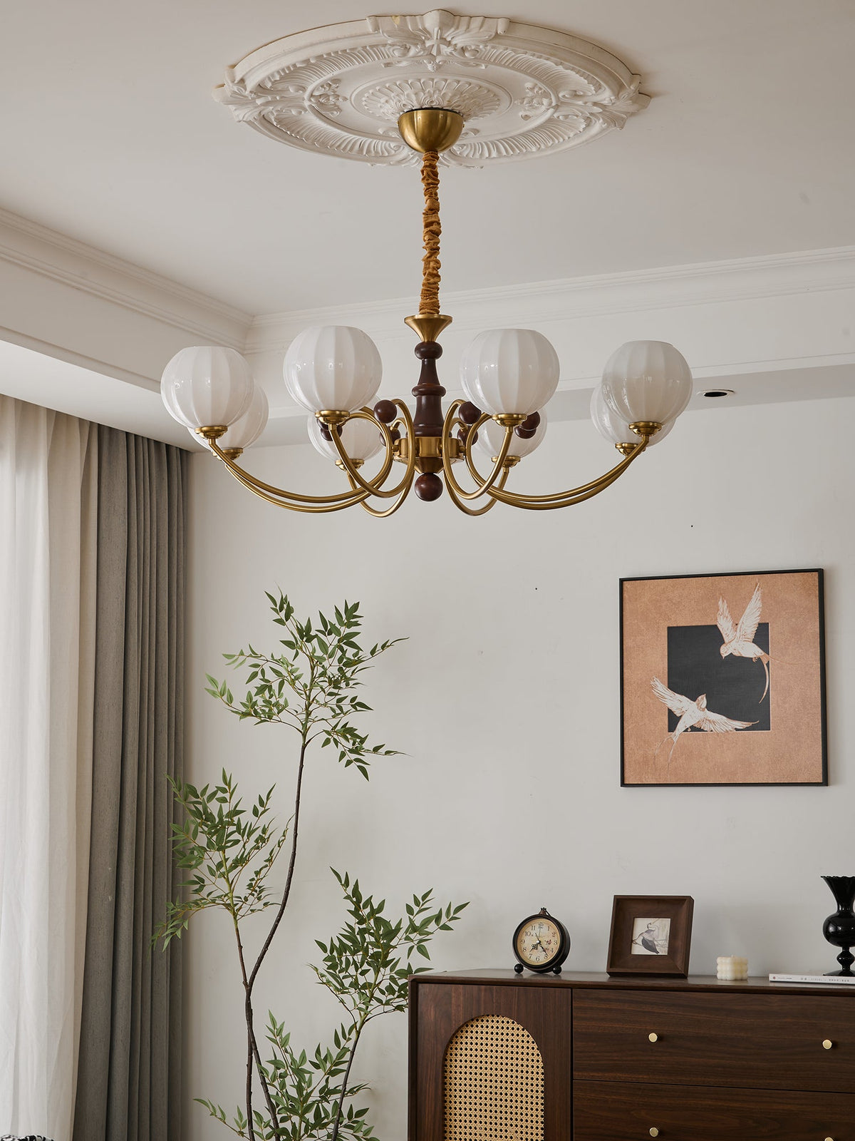 Livia Six-Light Modern Globe Chandelier in Walnut and Gold