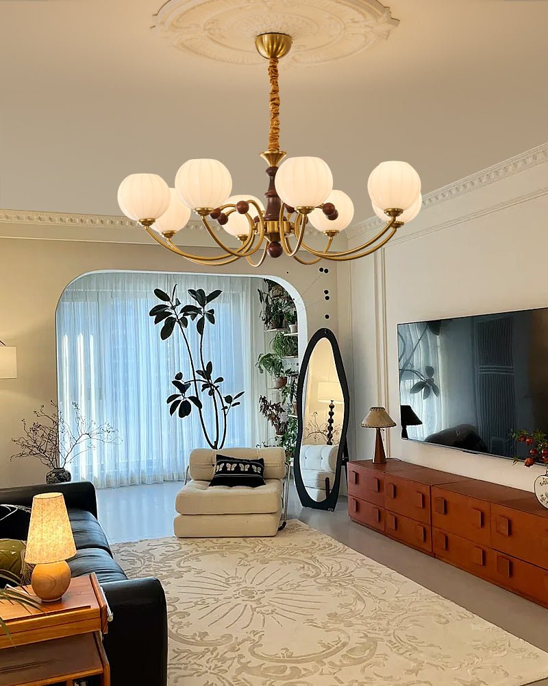 Livia Six-Light Modern Globe Chandelier in Walnut and Gold