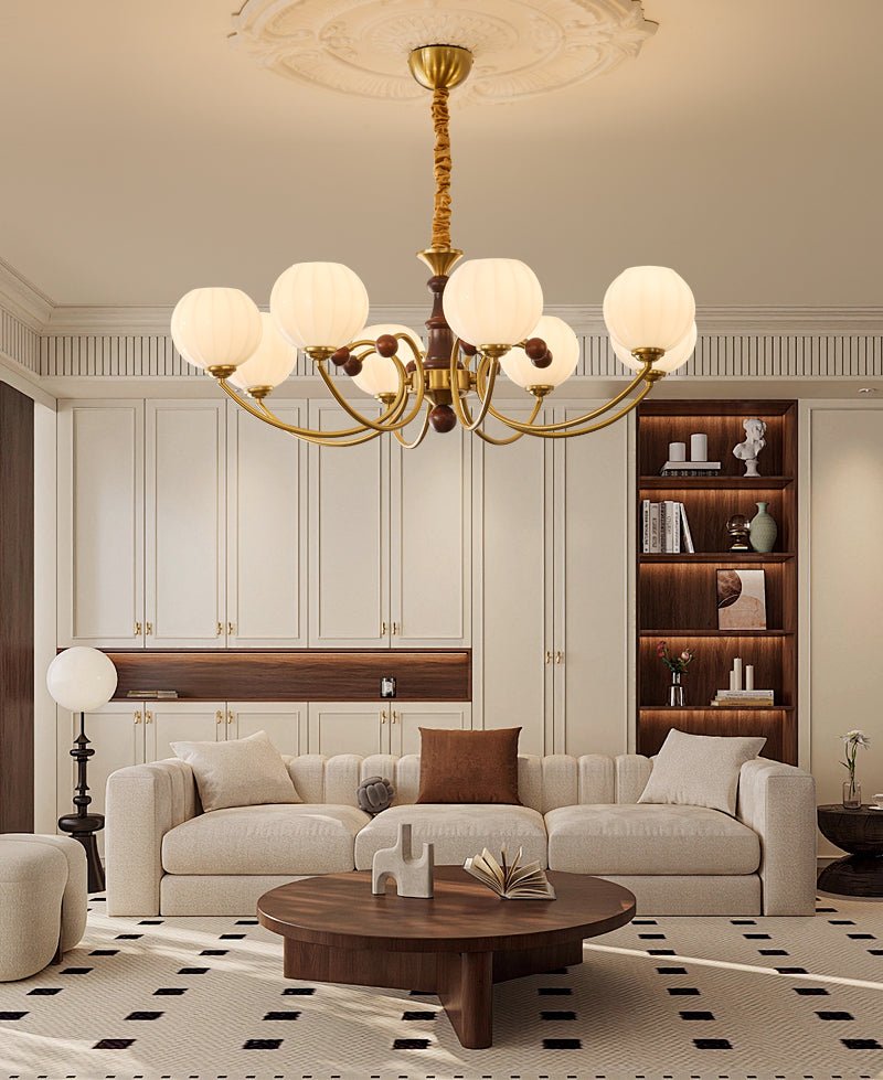 Livia Six-Light Modern Globe Chandelier in Walnut and Gold